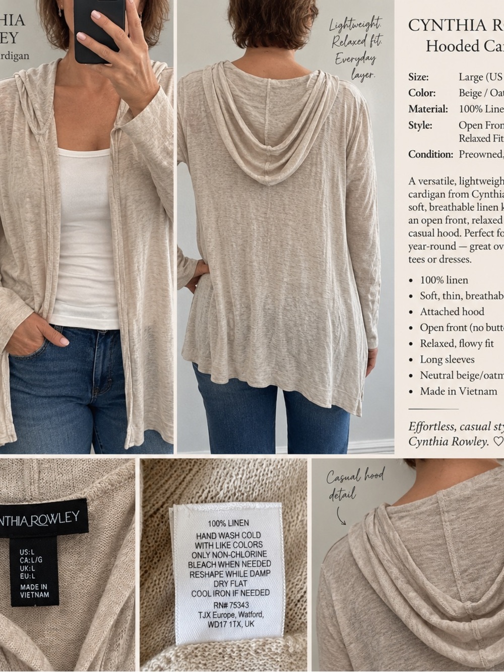 Cynthia Rowley Beige Linen Hooded Open-Front Cardigan
